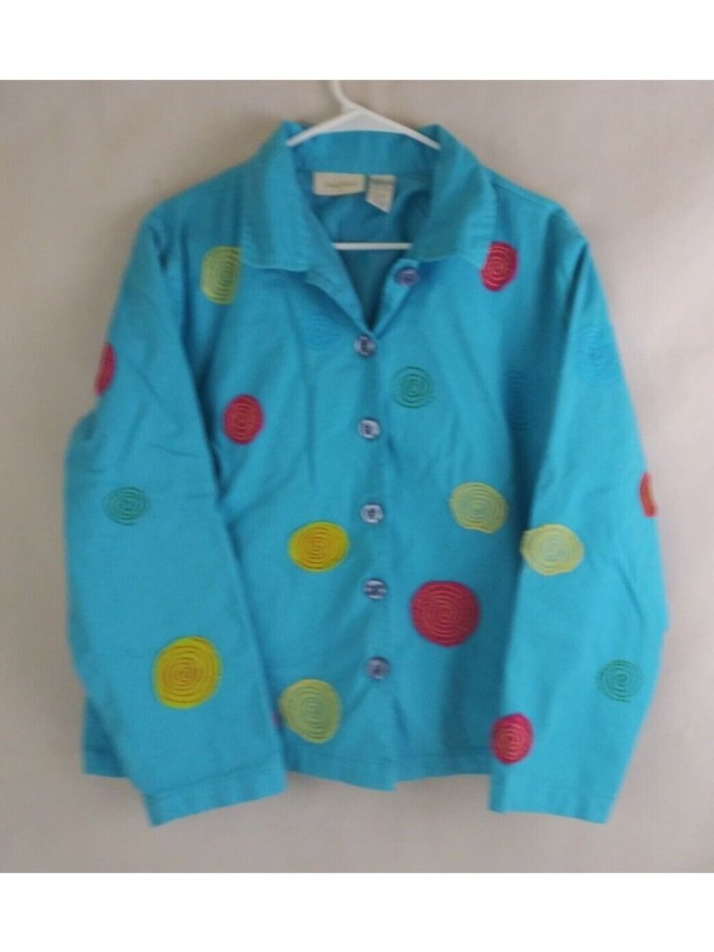 Studio Works Women's Blue Jacket With Colorful Circle Designs Size Large